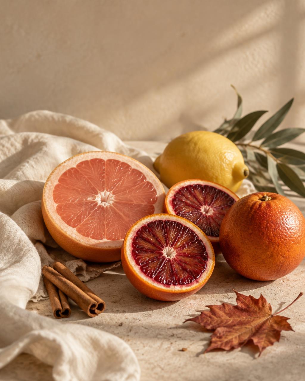 Autumn still life of blood oranges, grapefruit, lemon, cinnamon and an autumn leaf